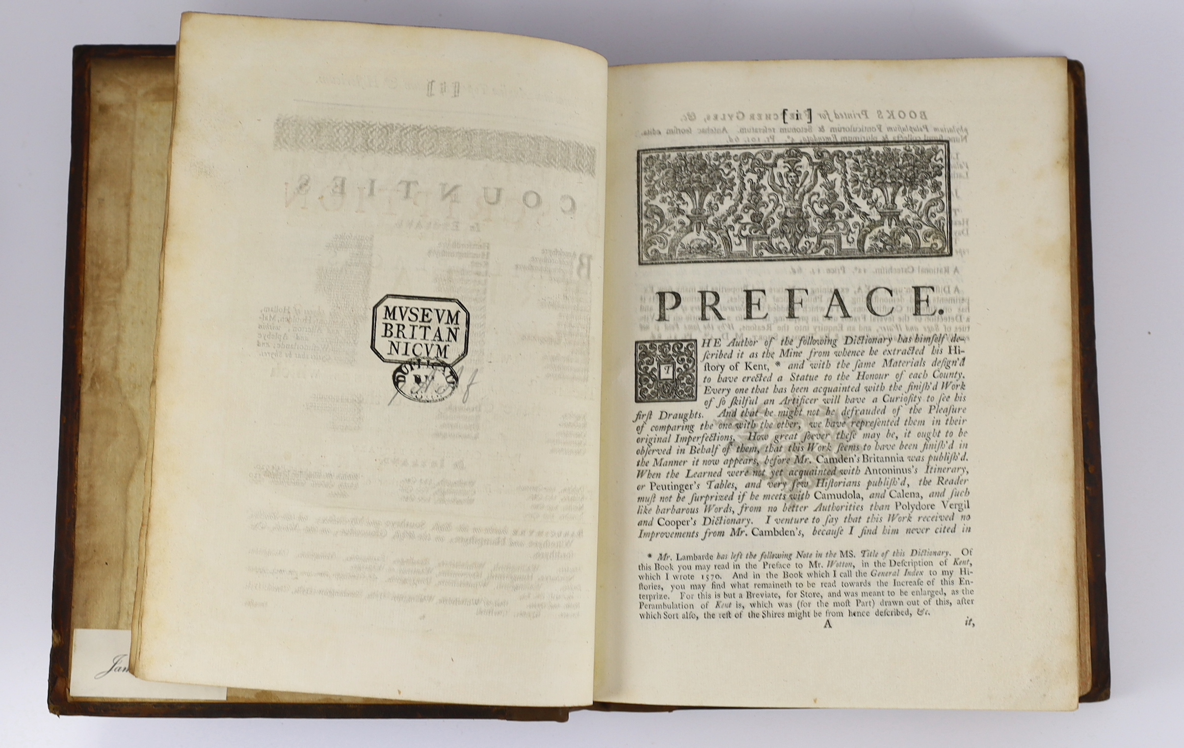 Lambarde, William - Dictionarium Angliae Topographicum & Historicum. An alphabetical description of the chief places in England and Wales ... portrait frontis., head and tailpiece decorations; contemp. gilt-ruled calf, s